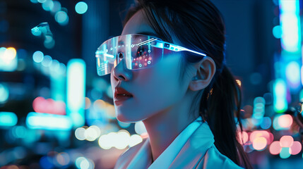 Selective focus of Asian business woman using AR glasses in the office.