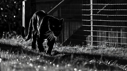 Dark style, centered composition, full composition, an adult male black leopard is slowly walking towards the front, majestic and imposing, with a powerful presence.


 - obrazy, fototapety, plakaty