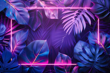 Neon frame on tropical palm leaves