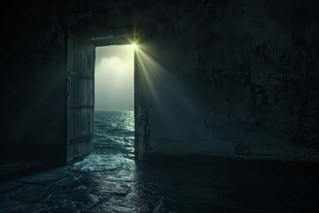 A dark room with a door open to the ocean