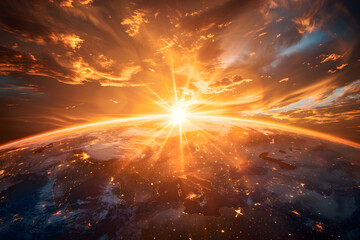 A sunrise over a globe, with rays of light spreading out across the world. - obrazy, fototapety, plakaty