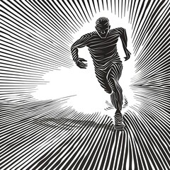Running athlete. Energetic young athlete or marathon runner. Sport. Imitation sketch print in black and white coloring. Design for cover, card, postcard, print. - 772547641