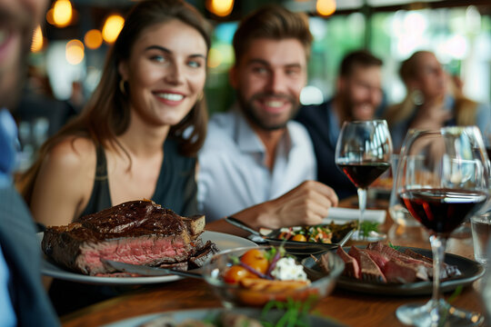 Selective focus of Group of Caucasian businessmen eating steak in restaurant.