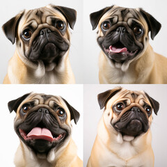 Collage of portraits of Pug dogs, various emotions of a cute pet, for advertising zoological products, food and packaging design