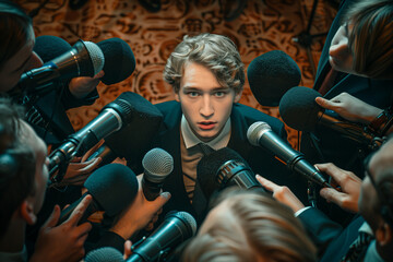 Young Caucasian male businessman being interviewed by a reporter. - obrazy, fototapety, plakaty