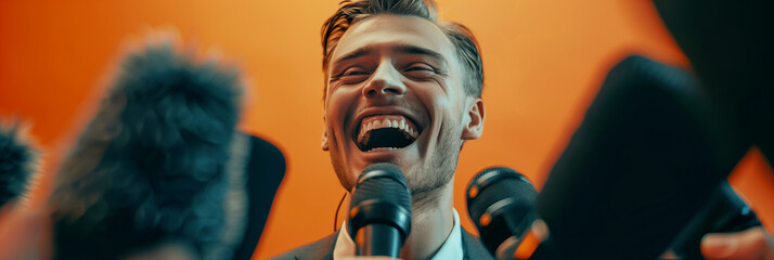 Young Caucasian male businessman being interviewed by a reporter.