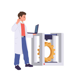 Man laboratory engineer cartoon character printing technical detail spare part on 3d printer