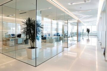 Chic modern office interior with glass partition and white flooring for stylish workspace design