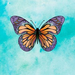 Colored butterfly on a turquoise watercolor background. Layout for printing illustrations on T-shirts, notepads, covers