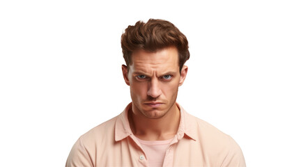 Obraz premium A man with a pink shirt and facial hair is gesturing angrily on a transparent background. The darkness adds to the events intensity, contrasting with his displeased expression on transparent