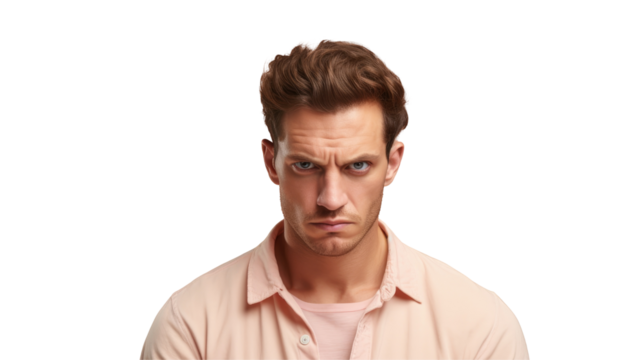 A man with a pink shirt and facial hair is gesturing angrily on a transparent background. The darkness adds to the events intensity, contrasting with his displeased expression on transparent