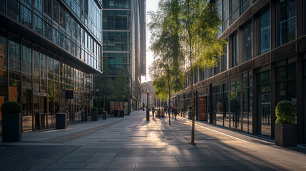 In the city, tall buildings line the street, with windows reflecting the sunny day. Trees and...