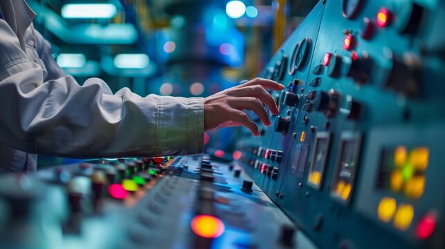 Professional technician operating advanced control panel in industrial environment