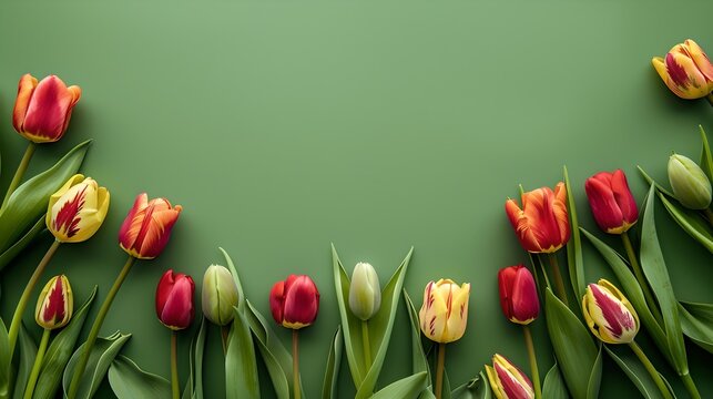Vibrant Tulips on a Green Background, Floral Arrangement for Spring. Perfect for Greeting Cards and Invitations. Stock Image. AI