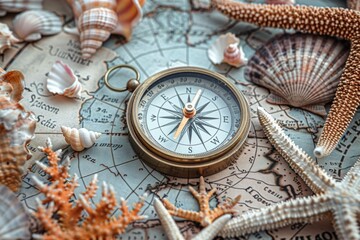 Fototapeta na wymiar A vintage compass rests on top of an aged map, surrounded by an assortment of sea shells in a coastal setting