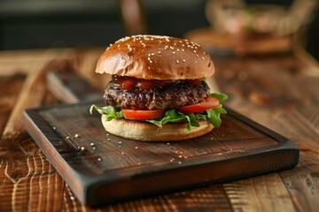 A mouthwatering hamburger with a juicy beef patty and fresh vegetables is beautifully presented on a wooden cutting board