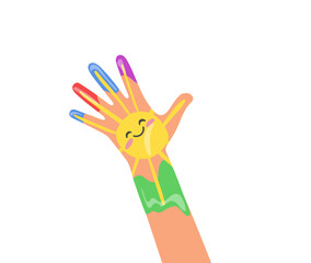 Kid hand with colorful artistic drawing with smiling sun emoticon isolated on white background