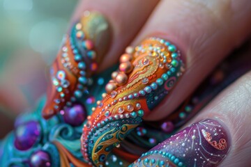 A close-up view of a womans hand showcasing a colorful and artistic manicure with intricate designs and bold colors, exuding creativity and style
