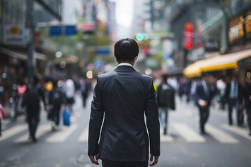 A confident businessman dressed in a sharp suit strolls down a bustling city street, exuding sophistication and determination in his stride - obrazy, fototapety, plakaty