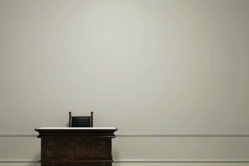 An empty judges table in a room with a desk and chair. Capturing a business advertising style with a touch of artistic flair