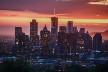 Sunset background over city lights before the onset of night