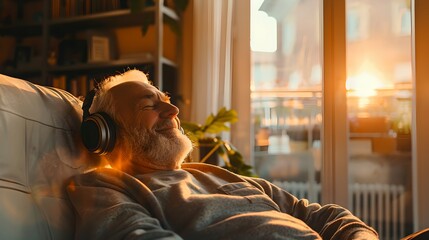 Senior man enjoying music with headphones at sunset in a cozy home. Relaxed elderly male smiling during golden hour. Lifestyle and leisure concept. AI