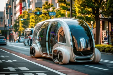 Deurstickers A cutting-edge vehicle with a modern design is smoothly cruising through busy city streets, embodying a vision of futuristic transportation © Konstiantyn Zapylaie