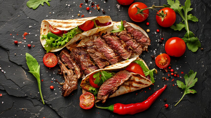 Meat Burrito, Tortilla wraps with soft sliced roasted and ribeye steak, cherry tomatoes, red...