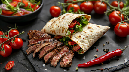Meat Burrito, Tortilla wraps with soft sliced roasted and ribeye steak, cherry tomatoes, red...