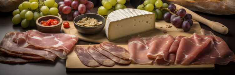 Prosciutto, ham, cheese and grapes on a wooden board