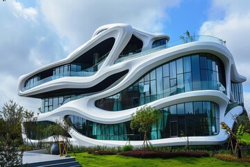A large, avant-garde white building stands tall, adorned with numerous windows creating a striking visual impact against the sky