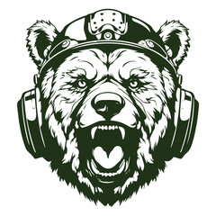 line art of a bear's head wearing a war helmet