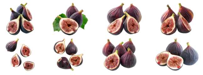 Assortment of fresh figs with vibrant interiors cut out on transparent background