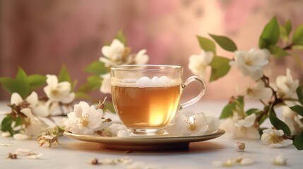 Composition with cup of jasmine tea and flowers on light background, AI-generated