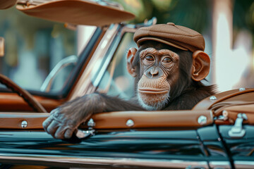 Fototapeta na wymiar A monkey is sitting in a car with a hat on its head