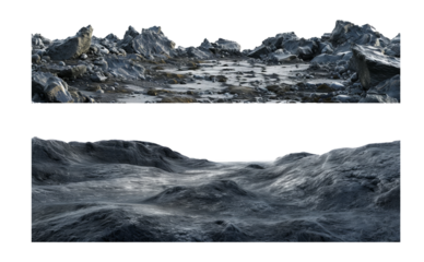 Lunar landscape with detailed rocky terrain and craters cut out on transparent background
