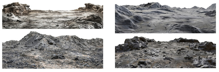 Realistic lunar surface with craters and rocky terrain cut out on transparent background