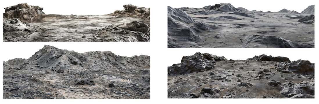Realistic lunar surface with craters and rocky terrain cut out on transparent background