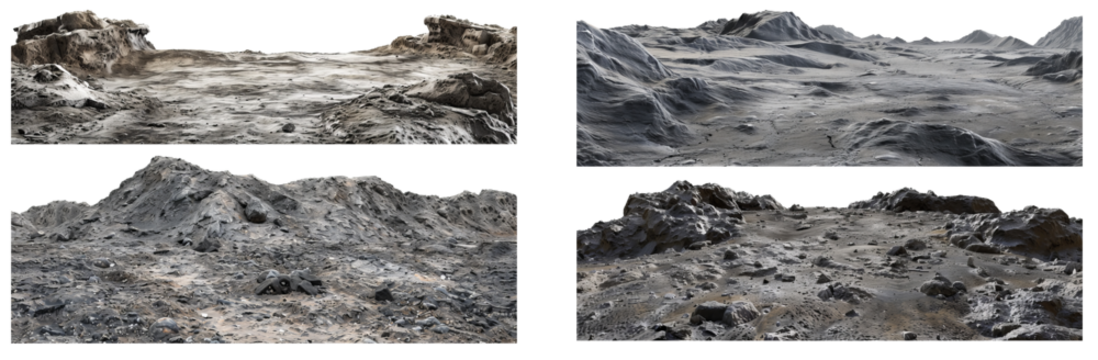 Realistic lunar surface with craters and rocky terrain cut out on transparent background