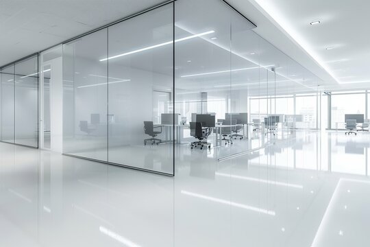 Stylish modern office with glass partition and chic white flooring for a productive workspace