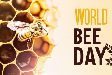 Close-up view of a bee on a honeycomb with the words World Bee Day displayed - obrazy, fototapety, plakaty
