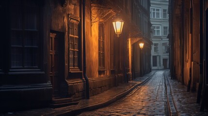 A lantern, affixed to a structure, casting a glow on a deserted Kraków alley. - obrazy, fototapety, plakaty