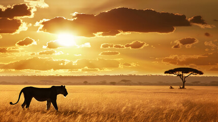 Majestic lioness prowling through the African savanna at sunset  