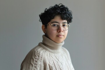 A woman exudes beauty and sophistication in glasses and a cozy sweater