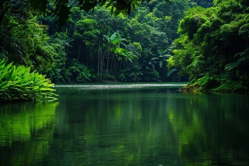 The serene beauty of a peaceful lake, nestled among vibrant green surroundings, creates a calming atmosphere.