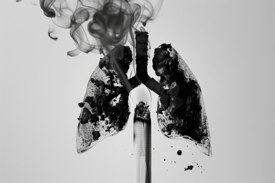 Black and white capture of smoke billowing from lungs after inhaling a cigarette, evoking a surreal and thought-provoking atmosphere