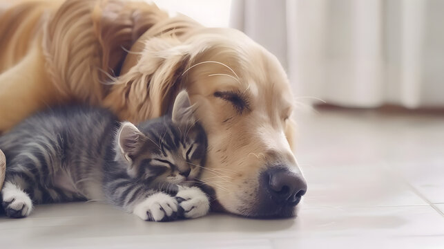 small young cute baby cat lies on the head of a Golden Retriever, best friends, animal photography


