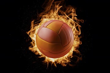 Volleyball ablaze in flames against captivating black background, dynamic