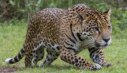 A Jaguar With Its Tail Held Low Indicating Relaxa