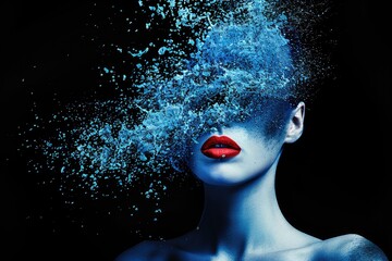 A woman with vibrant blue hair and striking red lips exudes confidence and individuality